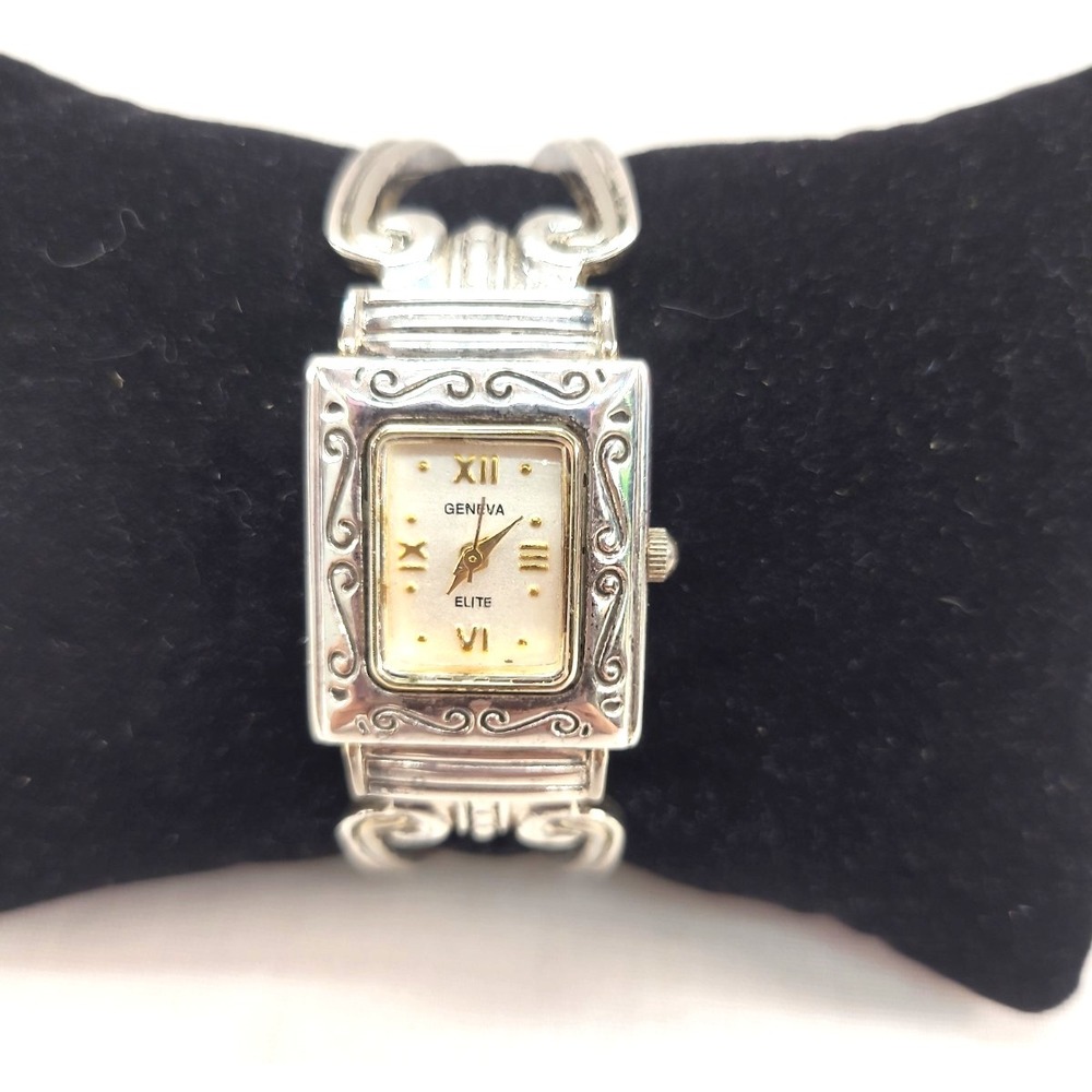 Geneva Elite Womens Cuff Watch Silverplated #1831 New Battery 6"